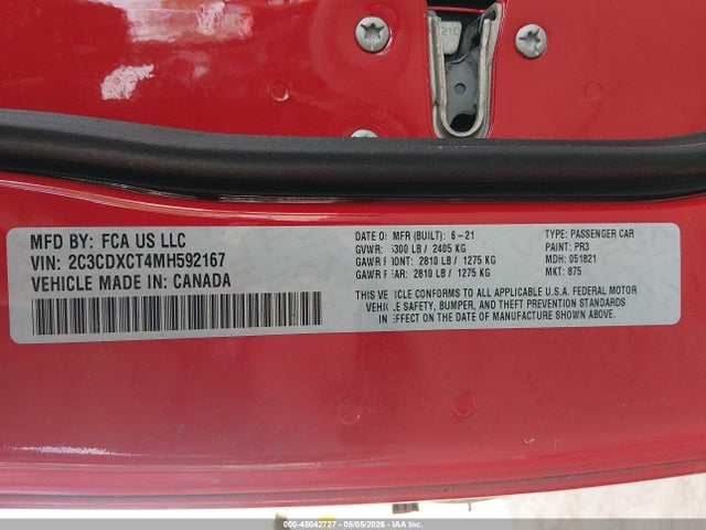 45042727 :رقم المزاد ، 2C3CDXCT4MH592167 vin ، 2021 Dodge Charger R/t Rwd مزاد بيع