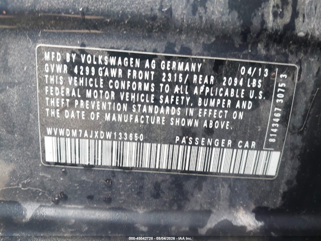 45042728 :رقم المزاد ، WVWDM7AJXDW133650 vin ، 2013 Volkswagen Golf 2.0l Tdi 4-door مزاد بيع