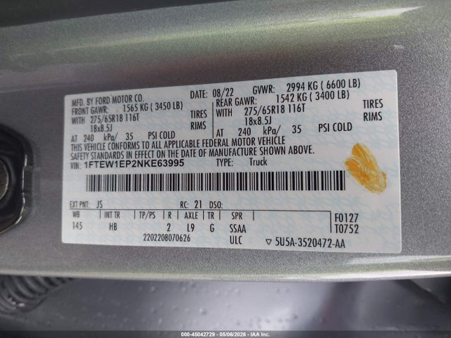 1FTEW1EP2NKE63995 Ford F-150 Lariat