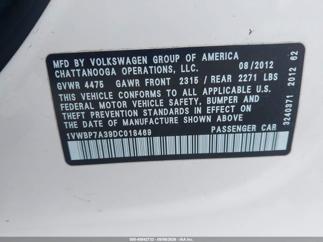 2013 Volkswagen Passat 2.5l Se მანქანა იყიდება აუქციონზე, vin: 1VWBP7A39DC018469, აუქციონის ნომერი: 45042733