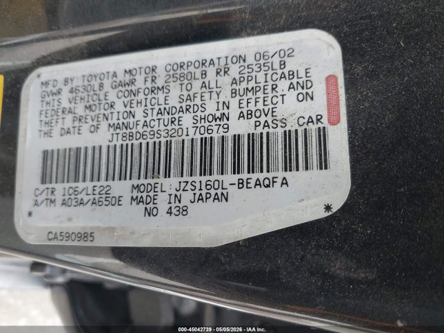 Aukcja sprzedaży 2002 Lexus Gs 300, vin: JT8BD69S320170679, numer aukcji: 45042739