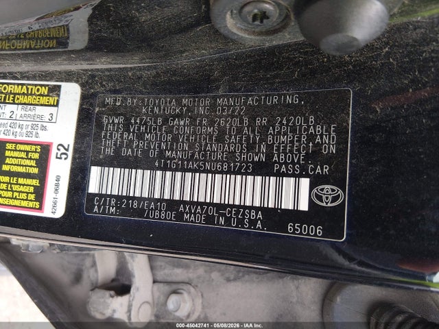 Aukcja sprzedaży 2022 Toyota Camry Se, vin: 4T1G11AK5NU681723, numer aukcji: 45042741