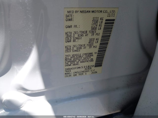 Aukcja sprzedaży 2021 Nissan Titan Sv 4x2, vin: 1N6AA1EF1MN535820, numer aukcji: 45042742