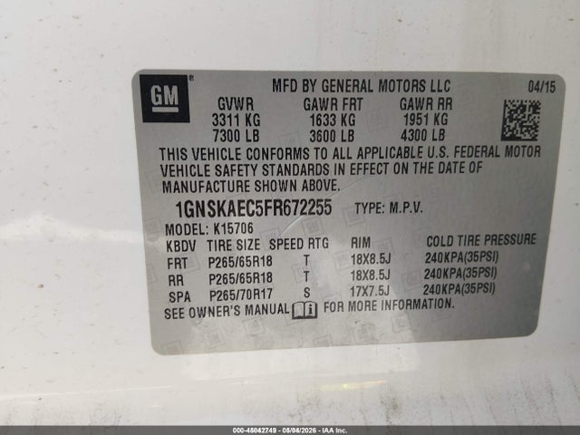 Продаж на аукціоні авто 2015 Chevrolet Tahoe Ls, vin: 1GNSKAEC5FR672255, номер лоту: 45042749