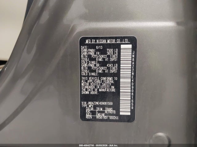 2013 Infiniti Qx56 მანქანა იყიდება აუქციონზე, vin: JN8AZ2NE4D9061559, აუქციონის ნომერი: 45042750
