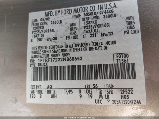 Продаж на аукціоні авто 2002 Ford F-150 Xl/xlt, vin: 1FTRF17222NB68652, номер лоту: 45042753