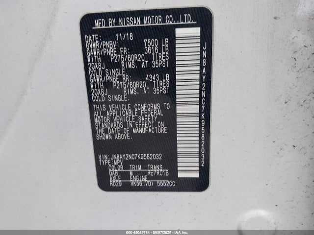 Aukcja sprzedaży 2019 Nissan Armada Sl, vin: JN8AY2NC7K9582032, numer aukcji: 45042764
