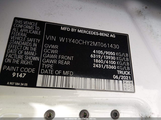 Auction sale of the 2021 Mercedes-benz Sprinter 2500 High Roof I4, vin: W1Y40CHY2MT061430, lot number: 45042769