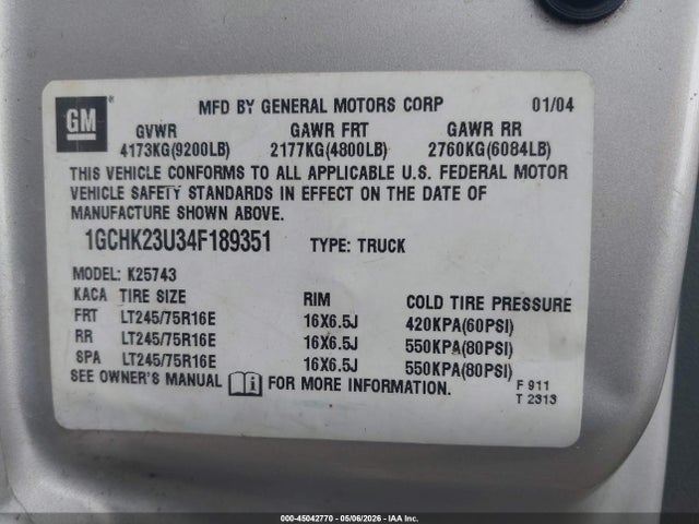 2004 Chevrolet Silverado 2500hd მანქანა იყიდება აუქციონზე, vin: 1GCHK23U34F189351, აუქციონის ნომერი: 45042770