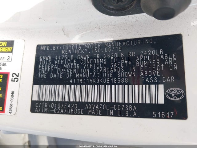 4T1B11HK9KU818688 Toyota CAMRY SE