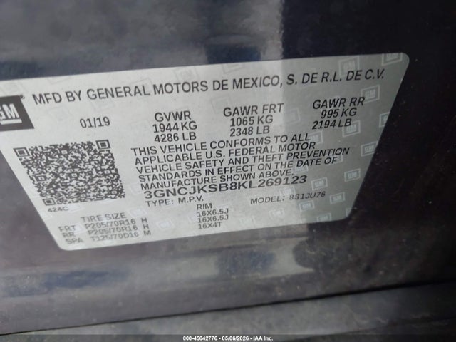 Продаж на аукціоні авто 2019 Chevrolet Trax Ls, vin: 3GNCJKSB8KL269123, номер лоту: 45042776