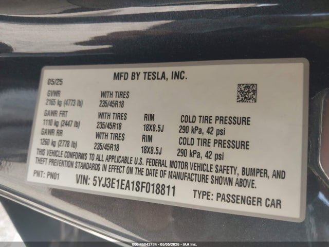 Aukcja sprzedaży 2025 Tesla Model 3 Long Range Rear-wheel Drive/standard Rear-wheel Drive, vin: 5YJ3E1EA1SF018811, numer aukcji: 45042784