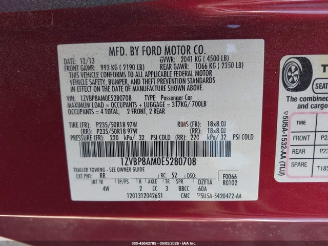 Продажа на аукционе авто 2014 Ford Mustang V6 Premium, vin: 1ZVBP8AM0E5280708, номер лота: 45042785