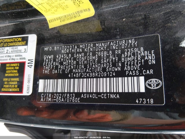 Продаж на аукціоні авто 2011 Toyota Camry Le, vin: 4T4BF3EK9BR209124, номер лоту: 45042787
