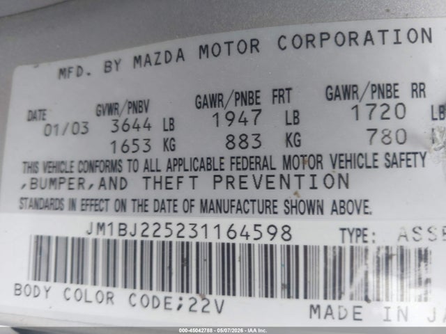 Aukcja sprzedaży 2003 Mazda Protege Dx/es/lx, vin: JM1BJ225231164598, numer aukcji: 45042788