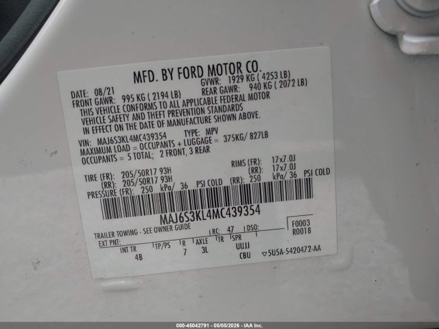 Aukcja sprzedaży 2021 Ford Ecosport Titanium, vin: MAJ6S3KL4MC439354, numer aukcji: 45042791