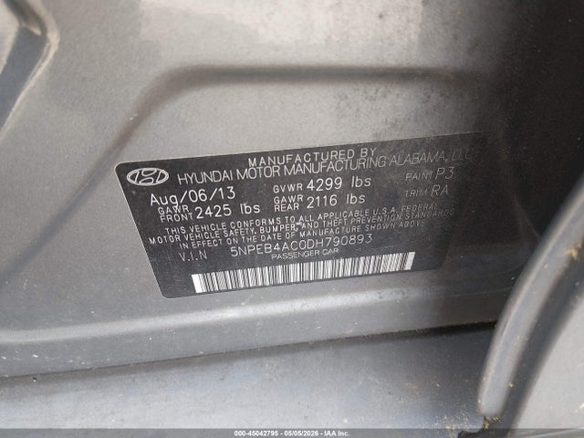 45042795 :رقم المزاد ، 5NPEB4AC0DH790893 vin ، 2013 Hyundai Sonata Gls مزاد بيع