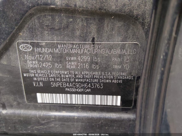 Продажа на аукционе авто 2013 Hyundai Sonata Gls, vin: 5NPEB4AC9DH643763, номер лота: 45042798
