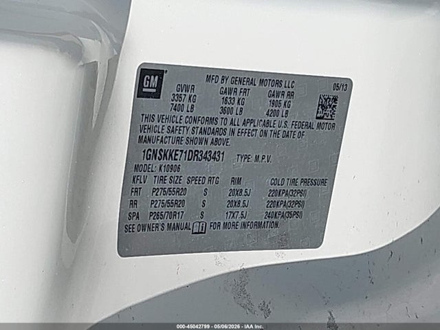Продаж на аукціоні авто 2013 Chevrolet Suburban 1500 Ltz, vin: 1GNSKKE71DR343431, номер лоту: 45042799