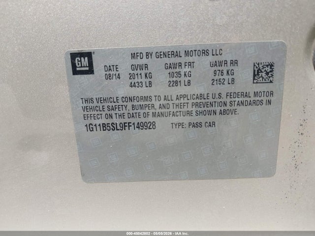 2015 Chevrolet Malibu Ls მანქანა იყიდება აუქციონზე, vin: 1G11B5SL9FF149928, აუქციონის ნომერი: 45042802