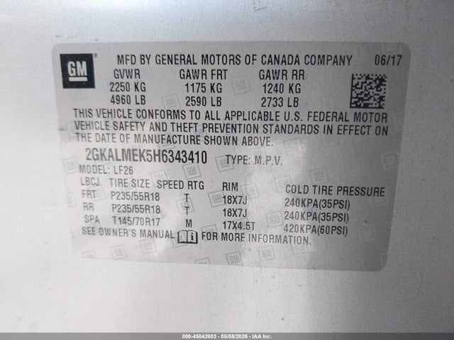 Продаж на аукціоні авто 2017 Gmc Terrain Sle-1, vin: 2GKALMEK5H6343410, номер лоту: 45042803