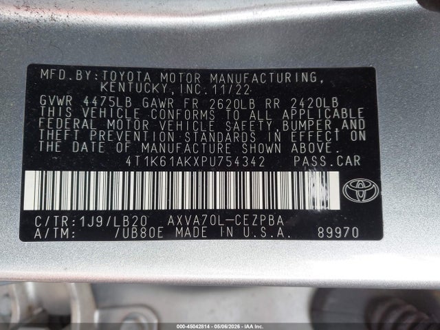 45042814 :رقم المزاد ، 4T1K61AKXPU754342 vin ، 2023 Toyota Camry Xse مزاد بيع