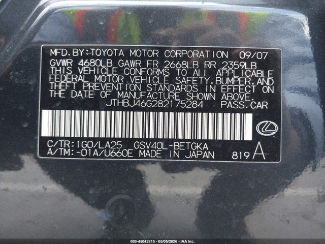 45042815 :رقم المزاد ، JTHBJ46G282175284 vin ، 2008 Lexus Es 350 مزاد بيع