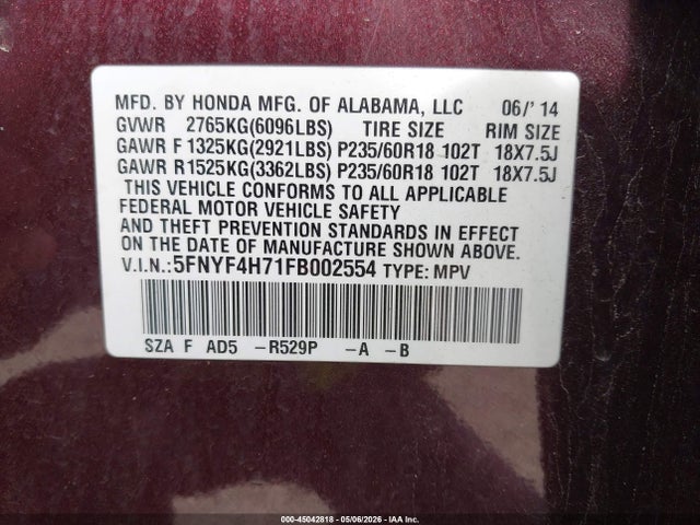 Продаж на аукціоні авто 2015 Honda Pilot Ex-l, vin: 5FNYF4H71FB002554, номер лоту: 45042818