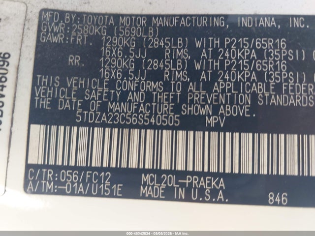 Aukcja sprzedaży 2006 Toyota Sienna Le, vin: 5TDZA23C56S540505, numer aukcji: 45042834