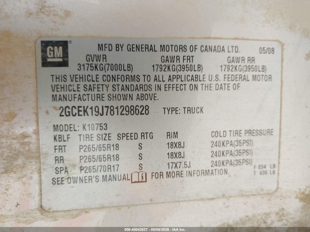 Продаж на аукціоні авто 2008 Chevrolet Silverado 1500 Lt1, vin: 2GCEK19J781298628, номер лоту: 45042837
