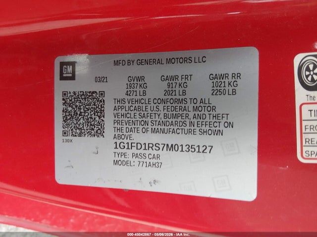 Aukcja sprzedaży 2021 Chevrolet Camaro Rwd  2lt, vin: 1G1FD1RS7M0135127, numer aukcji: 45042867