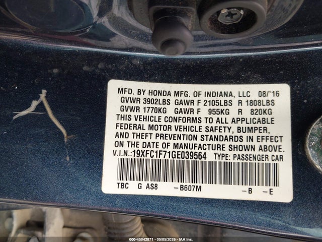 45042871 :رقم المزاد ، 19XFC1F71GE039564 vin ، 2016 Honda Civic Ex-l مزاد بيع
