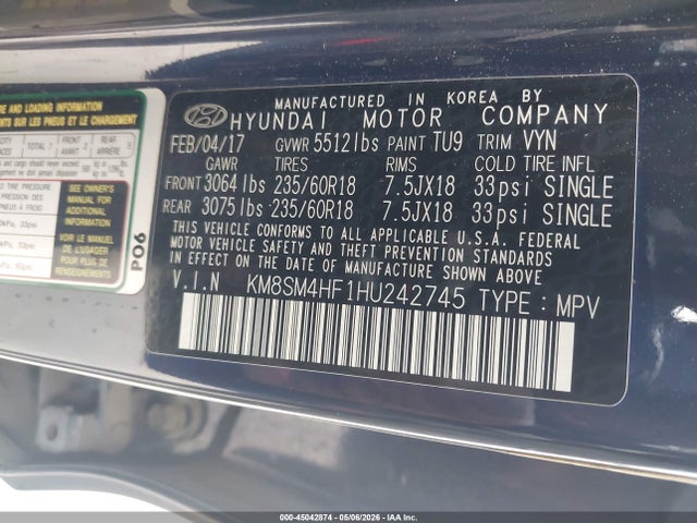 Продажа на аукционе авто 2017 Hyundai Santa Fe Se, vin: KM8SM4HF1HU242745, номер лота: 45042874