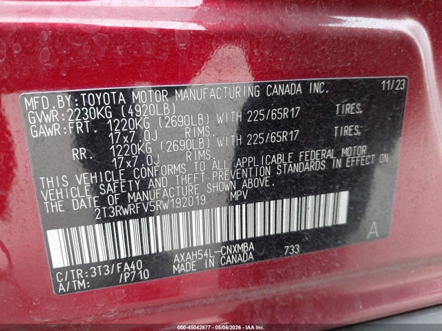 45042877 :رقم المزاد ، 2T3RWRFV5RW192019 vin ، 2024 Toyota Rav4 Hybrid Xle مزاد بيع