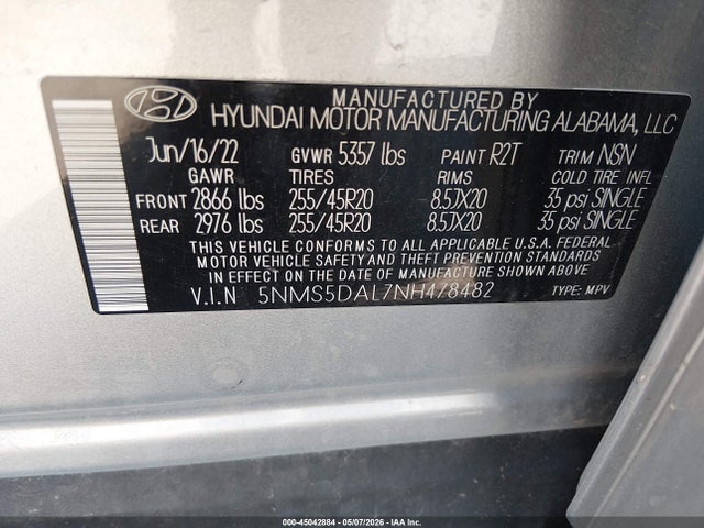Aukcja sprzedaży 2022 Hyundai Santa Fe Calligraphy, vin: 5NMS5DAL7NH478482, numer aukcji: 45042884
