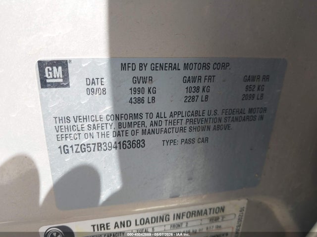 45042889 :رقم المزاد ، 1G1ZG57B394163683 vin ، 2009 Chevrolet Malibu Ls مزاد بيع