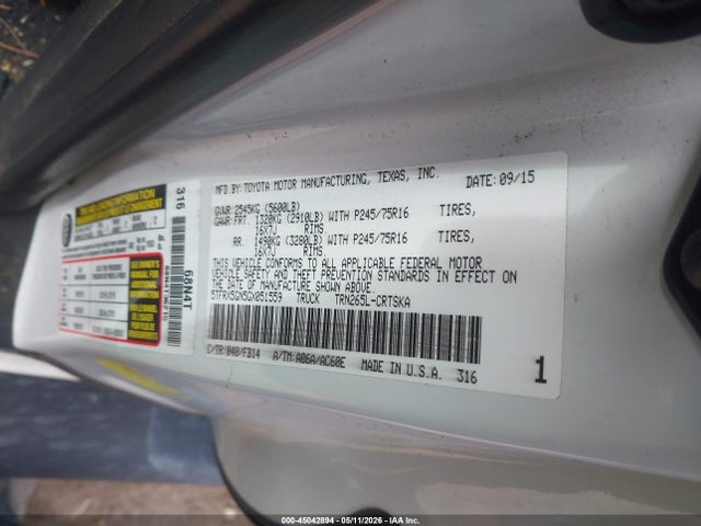 2016 Toyota Tacoma Sr მანქანა იყიდება აუქციონზე, vin: 5TFRX5GN5GX051559, აუქციონის ნომერი: 45042894