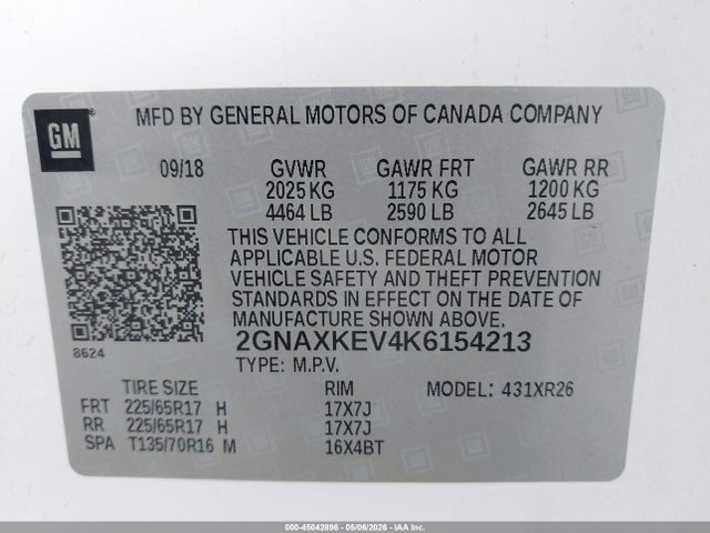 Продаж на аукціоні авто 2019 Chevrolet Equinox Lt, vin: 2GNAXKEV4K6154213, номер лоту: 45042896