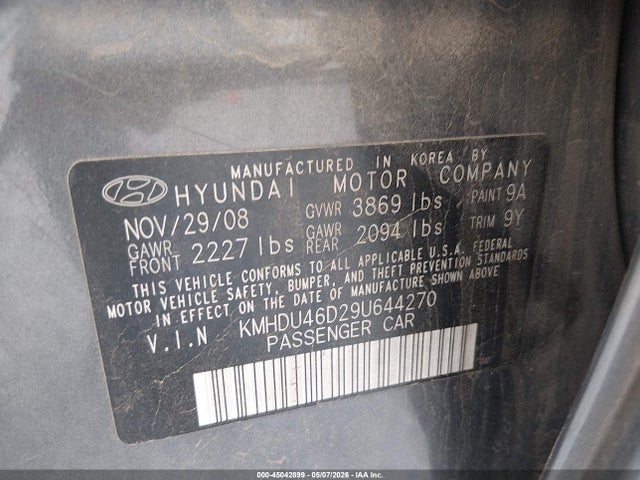 Aukcja sprzedaży 2009 Hyundai Elantra Gls, vin: KMHDU46D29U644270, numer aukcji: 45042899