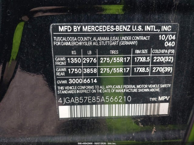 Продажа на аукционе авто 2005 Mercedes-benz Ml 350 4matic, vin: 4JGAB57E85A566210, номер лота: 45042900