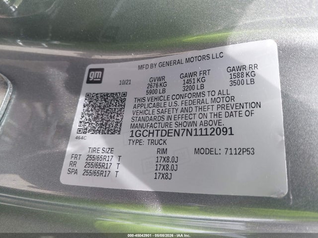 Aukcja sprzedaży 2022 Chevrolet Colorado 4wd  Long Box Z71, vin: 1GCHTDEN7N1112091, numer aukcji: 45042901