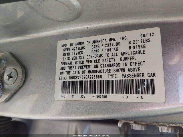 Aukcja sprzedaży 2012 Honda Accord 2.4 Se, vin: 1HGCP2F69CA226859, numer aukcji: 45042927