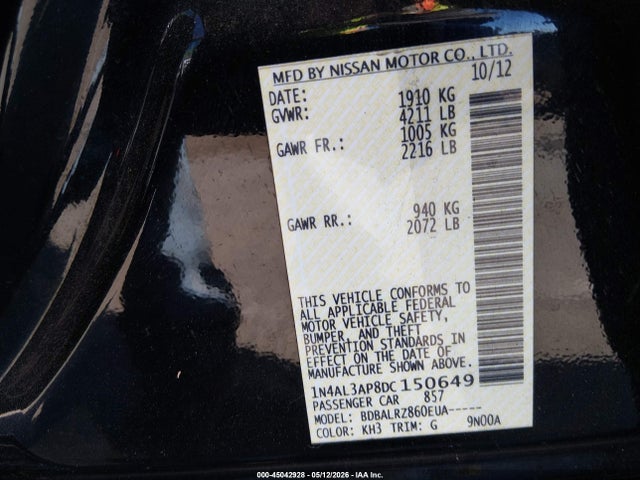 Aukcja sprzedaży 2013 Nissan Altima 2.5 S, vin: 1N4AL3AP8DC150649, numer aukcji: 45042928
