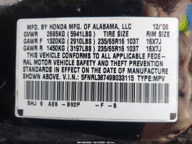 Продаж на аукціоні авто 2009 Honda Odyssey Ex-l, vin: 5FNRL38749B033115, номер лоту: 45042929