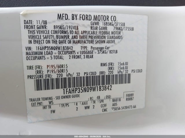 45042940 :رقم المزاد ، 1FAHP35N09W183842 vin ، 2009 Ford Focus Se مزاد بيع