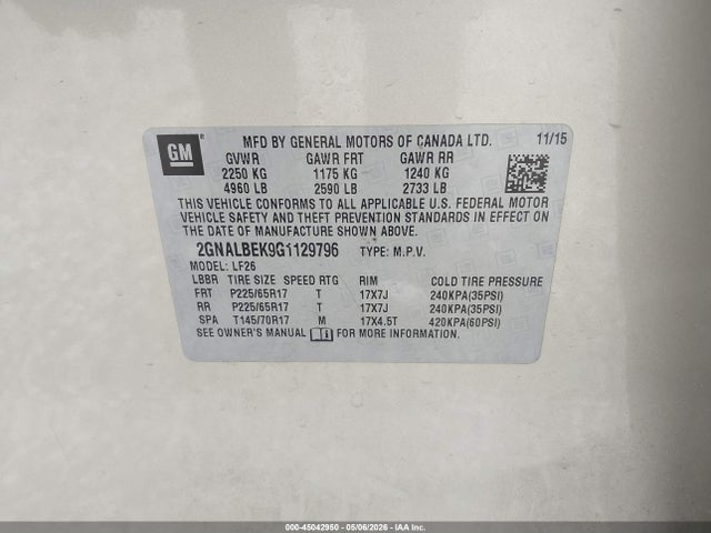 2016 Chevrolet Equinox Ls მანქანა იყიდება აუქციონზე, vin: 2GNALBEK9G1129796, აუქციონის ნომერი: 45042950