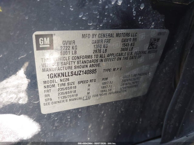 45042964 :رقم المزاد ، 1GKKNLLS4JZ140885 vin ، 2018 Gmc Acadia Sle-2 مزاد بيع