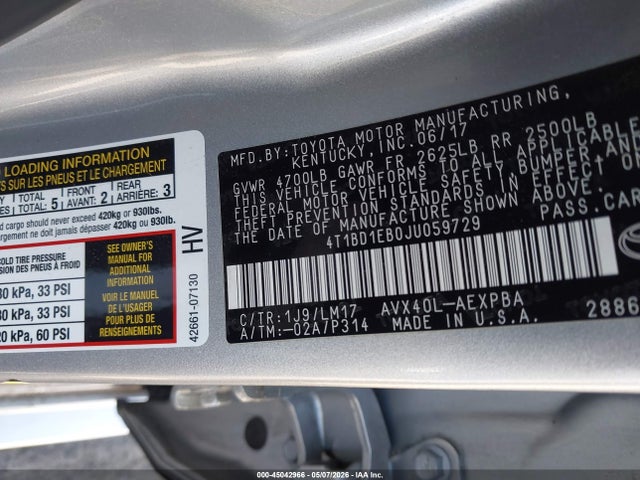 45042966 :رقم المزاد ، 4T1BD1EB0JU059729 vin ، 2018 Toyota Avalon Hybrid Limited مزاد بيع