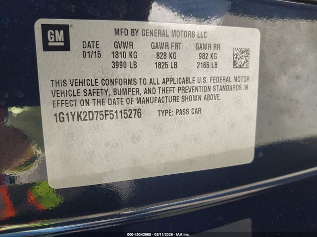Продаж на аукціоні авто 2015 Chevrolet Corvette Stingray Z51, vin: 1G1YK2D75F5115276, номер лоту: 45042968