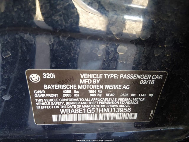 Aukcja sprzedaży 2017 Bmw 320i, vin: WBA8E1G51HNU13956, numer aukcji: 45042971